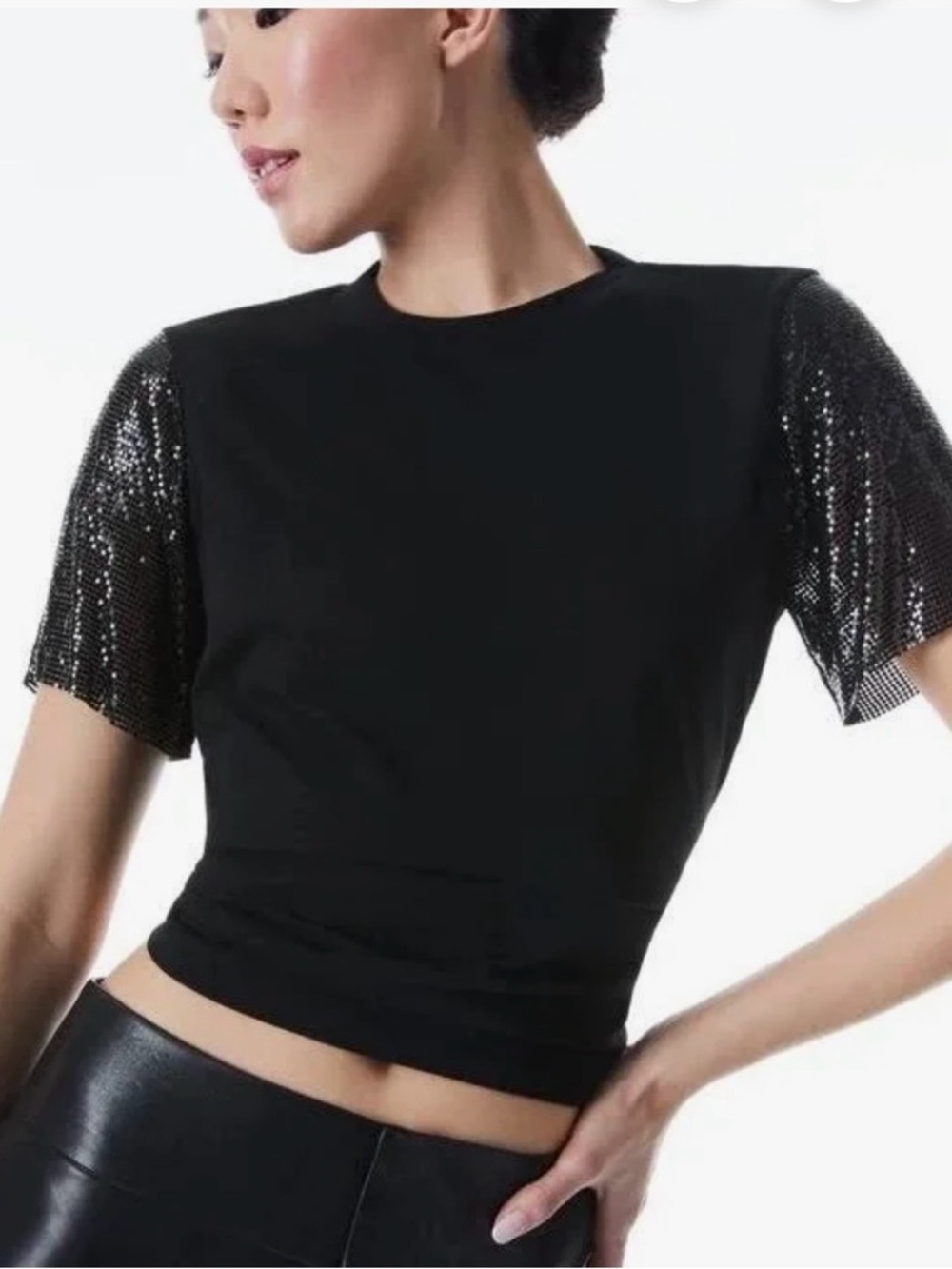 Alice + Olivia Tari Chainmail Sleeve Tee Black Sz M/L